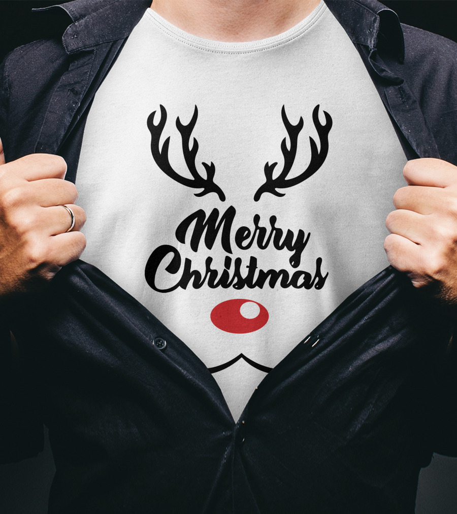 Merry Christmas Reindeer Antlers With Red Nose T-Shirt