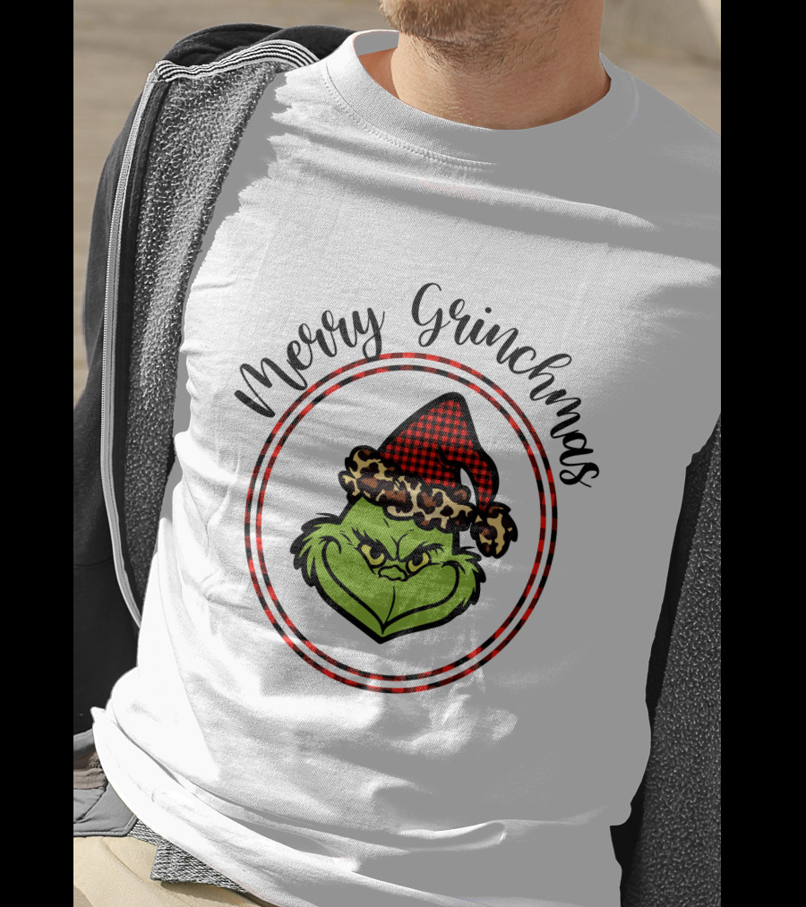 Merry Grinchmas Plaid Santa Hat Grinch Face T-Shirt