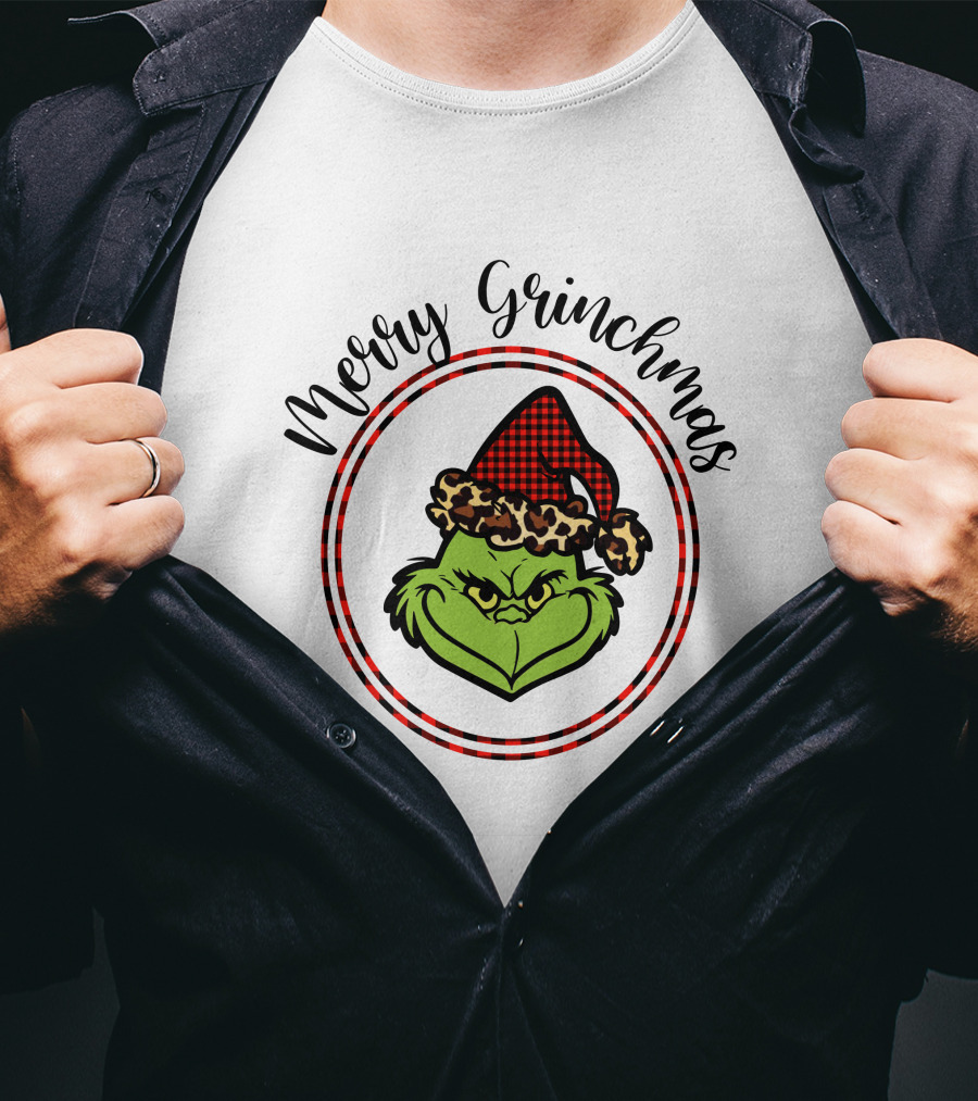 Merry Grinchmas Plaid Santa Hat Grinch Face T-Shirt