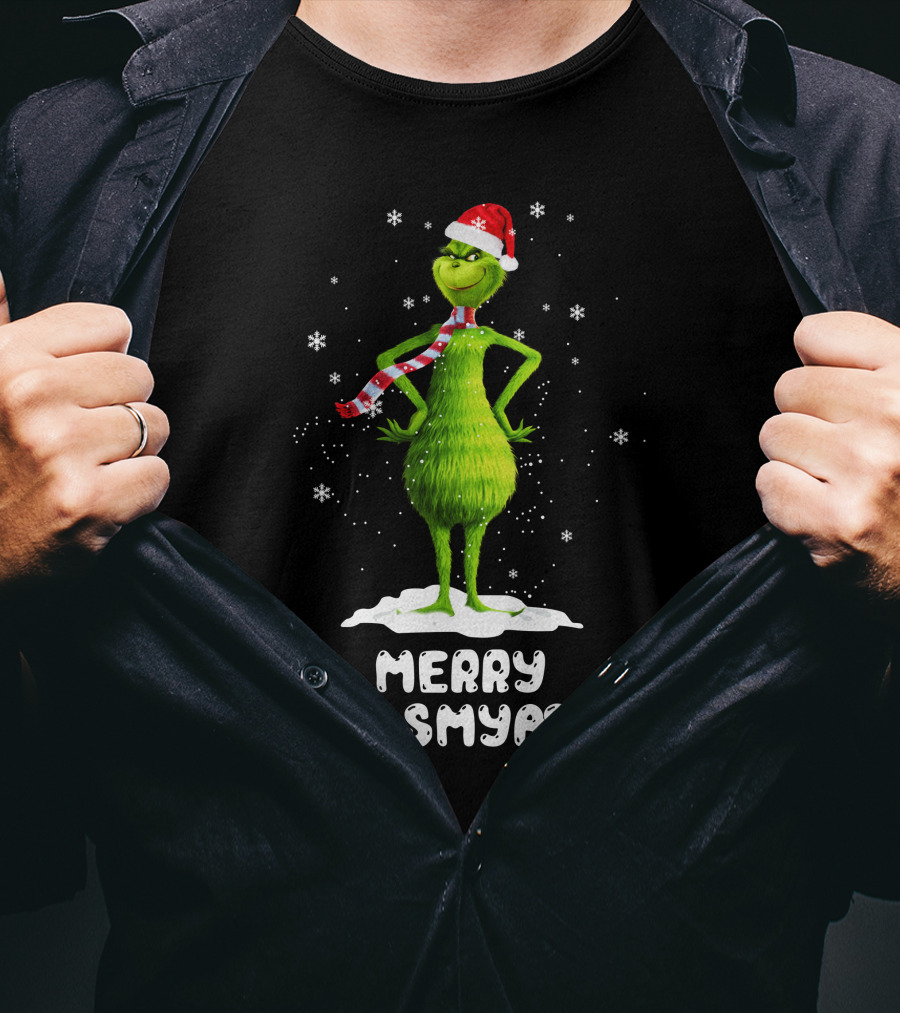 Merry KissMyAss Grinch Santa Hat Scarf Snowflakes T-Shirt