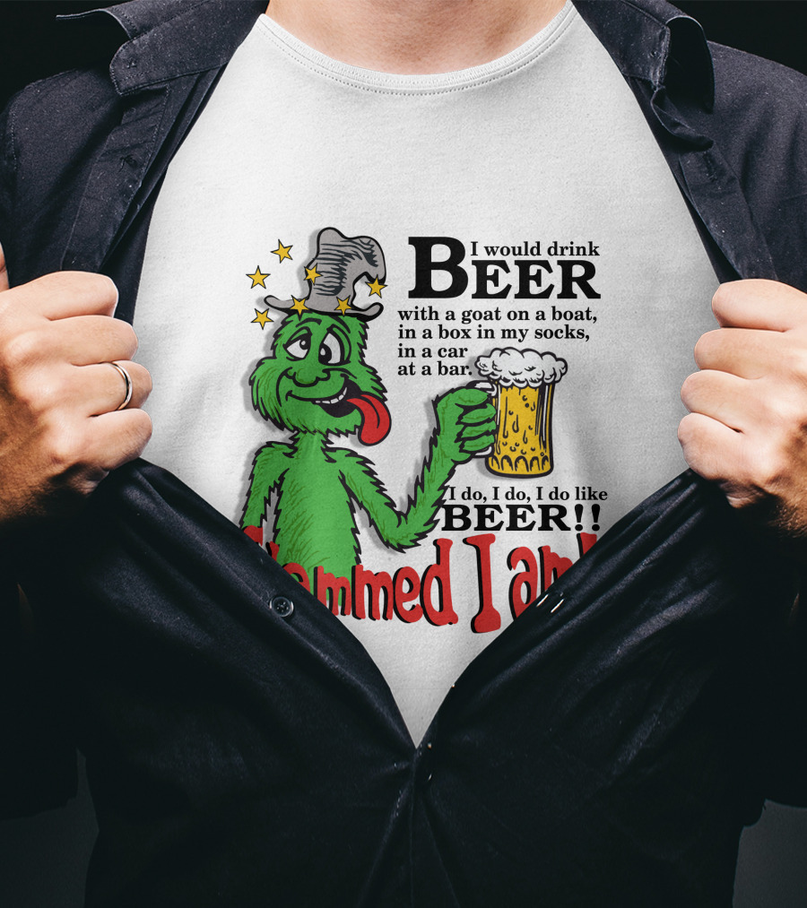 Slammed I Am Dr Seuss Beer Parody With Green Creature Drinking A Mug Of Beer T-Shirt