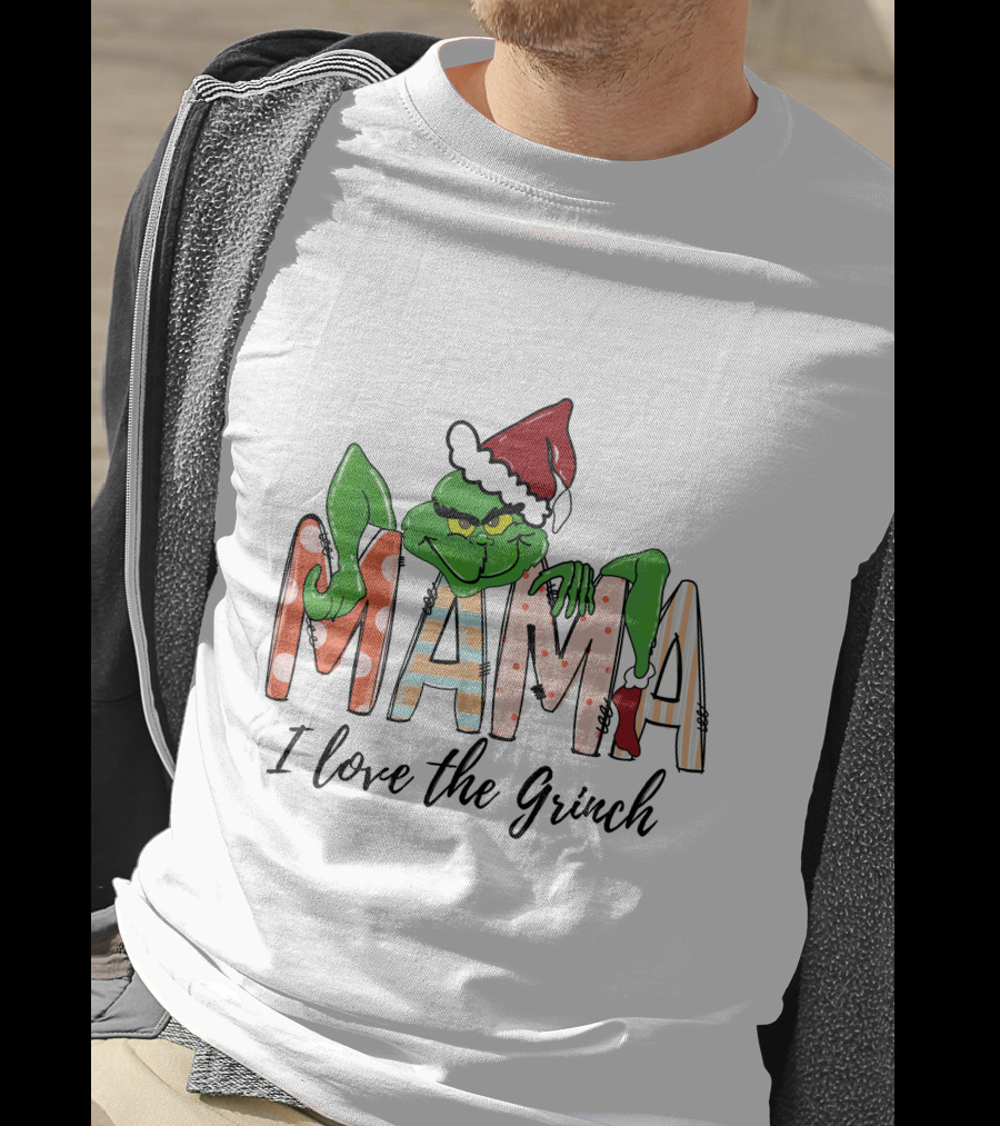 Mama I Love The Grinch Santa Hat Christmas Letters T-Shirt