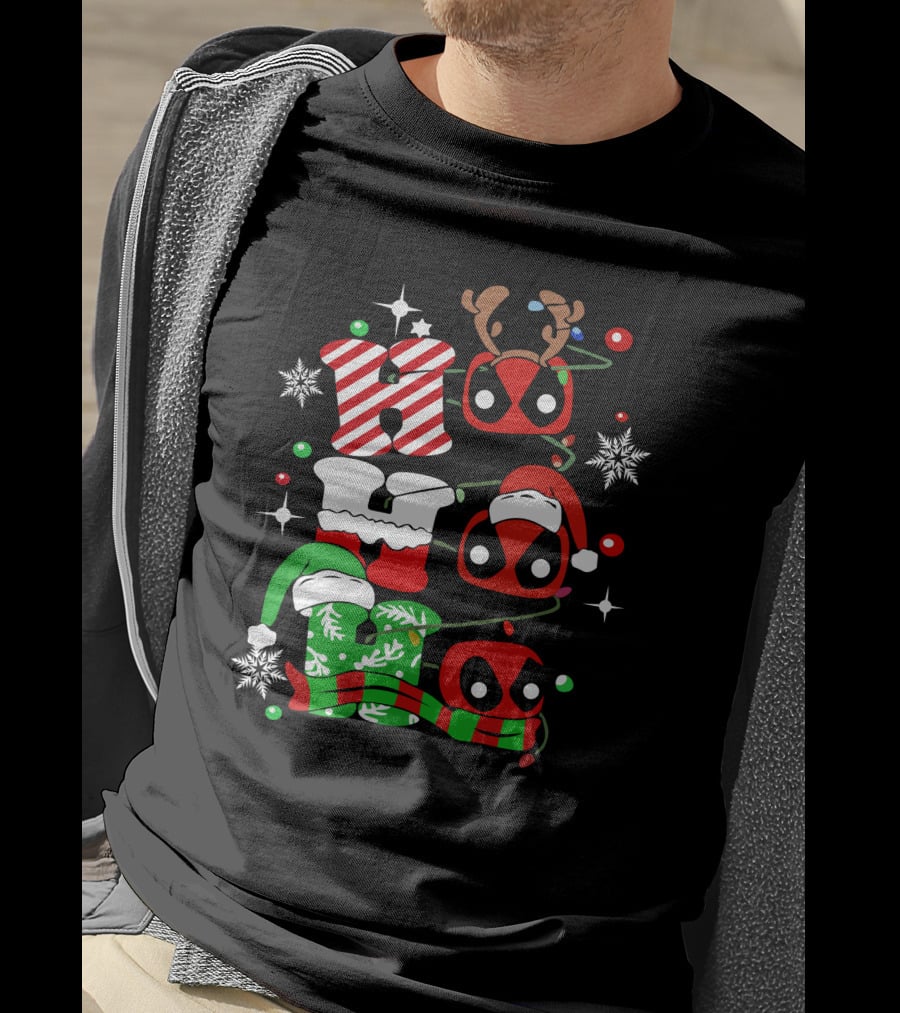 Deadpool Ho Ho Ho Christmas Reindeer Antlers Santa Hat Snowflakes T-Shirt