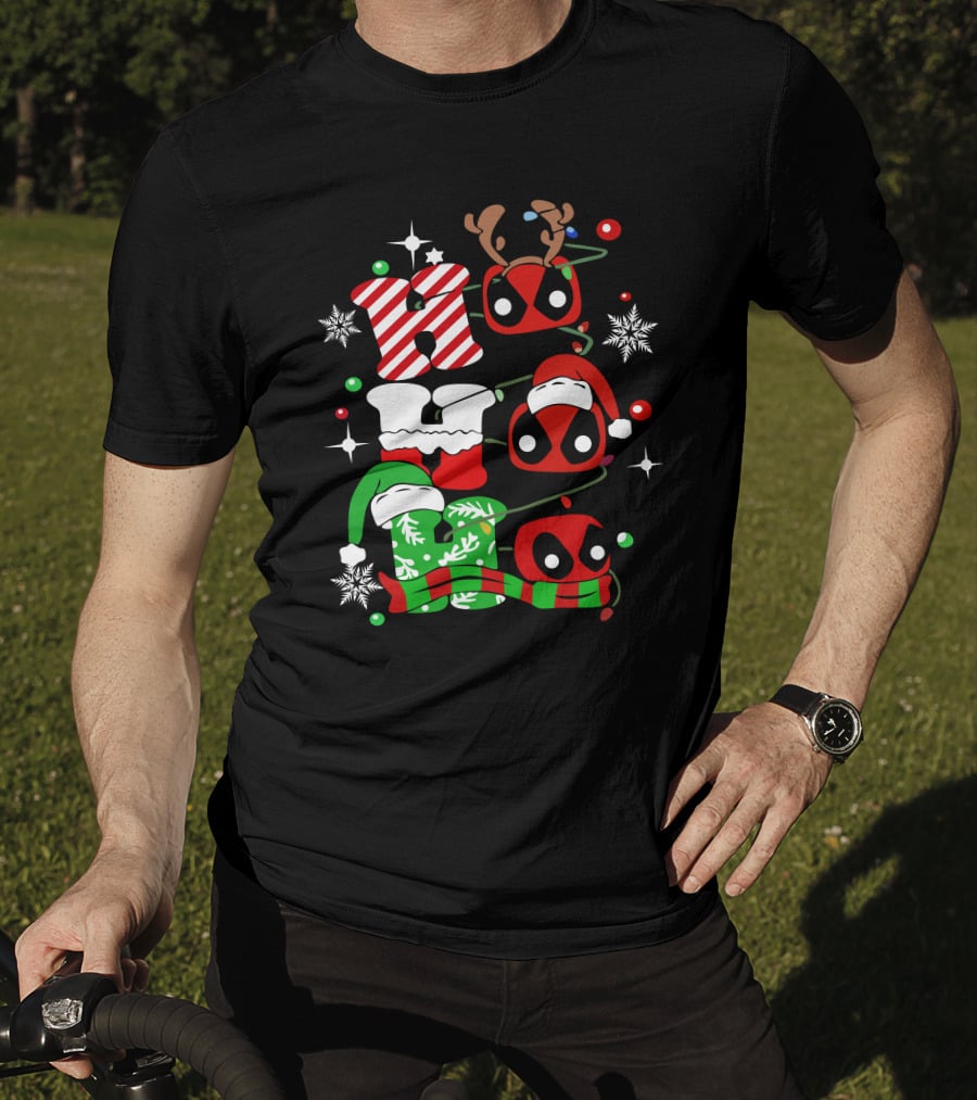 Deadpool Ho Ho Ho Christmas Reindeer Antlers Santa Hat Snowflakes T-Shirt