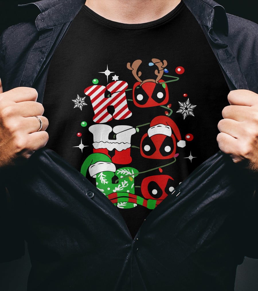 Deadpool Ho Ho Ho Christmas Reindeer Antlers Santa Hat Snowflakes T-Shirt