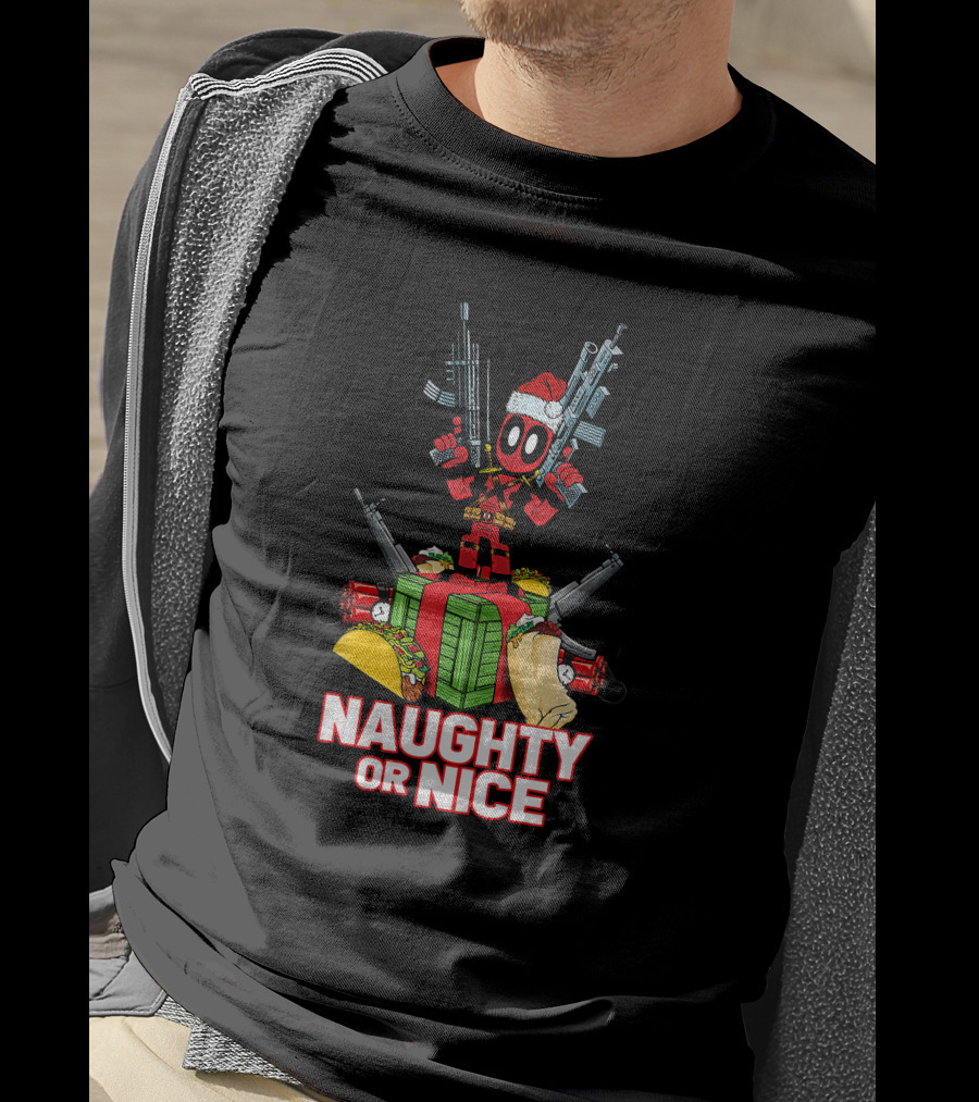 Naughty Or Nice Deadpool Christmas Guns Tacos Burritos T-Shirt