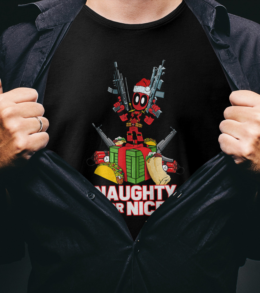 Naughty Or Nice Deadpool Christmas Guns Tacos Burritos T-Shirt