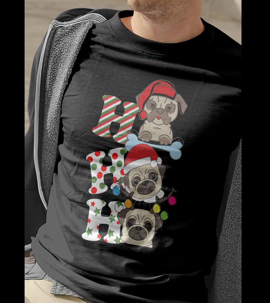 Ho Ho Ho Christmas Pug With Santa Hats And Holiday Lights T-Shirt