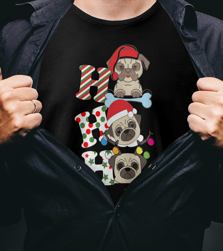 Ho Ho Ho Christmas Pug With Santa Hats And Holiday Lights T-Shirt