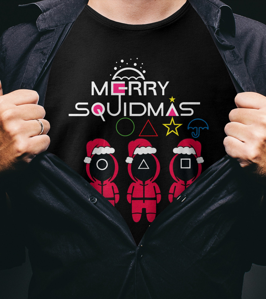 Merry Squidmas Santa Suit Guards Holiday Symbols T-Shirt