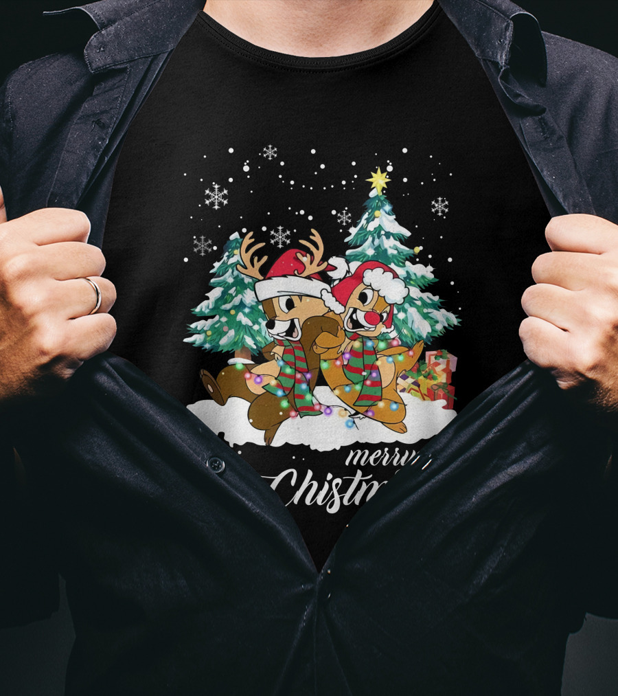 Merry Christmas Chip And Dale Holiday Cheer Reindeer Antlers Santa Hats Winter Wonderland T-Shirt