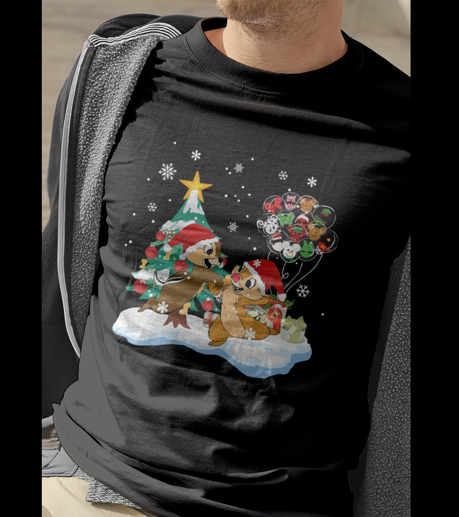 Chip And Dale Christmas Tree Santa Hats Snowflakes Balloons T-Shirt