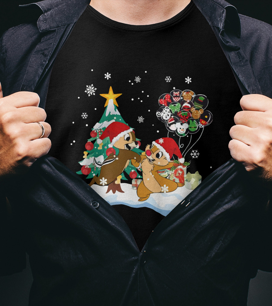 Chip And Dale Christmas Tree Santa Hats Snowflakes Balloons T-Shirt