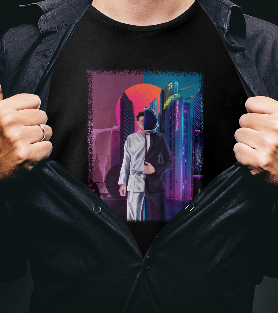 Half Taekwondo Spaceman Futuristic Cityscape Duality T-Shirt