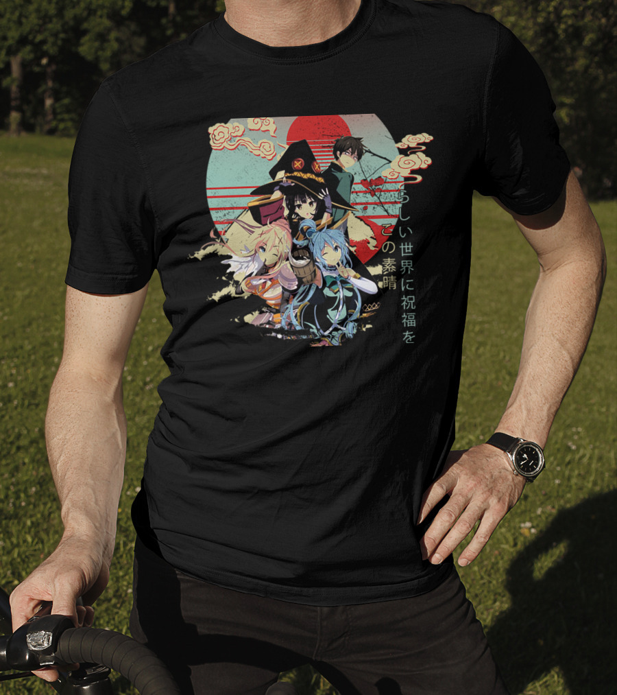 Konosuba Wonderful World Blessing Japanese Characters Kazuma Aqua Darkness Megumin Sun Clouds Red Circle Background T-Shirt
