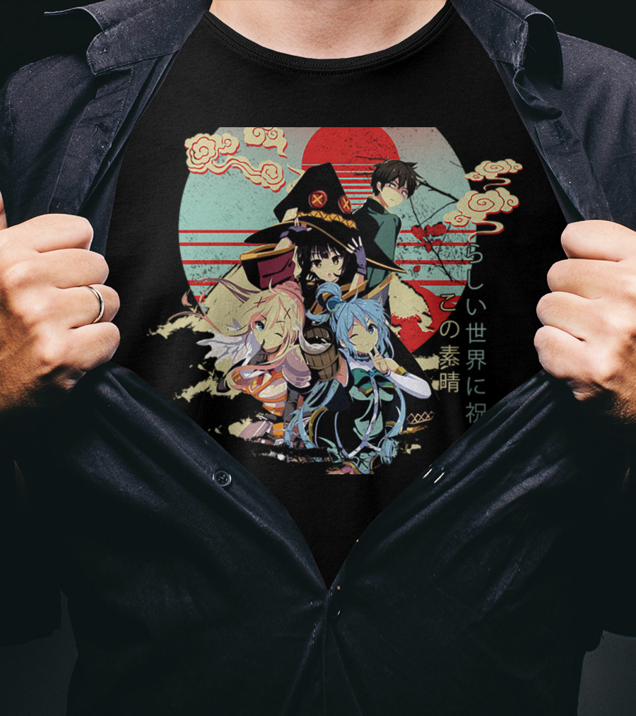 Konosuba Wonderful World Blessing Japanese Characters Kazuma Aqua Darkness Megumin Sun Clouds Red Circle Background T-Shirt