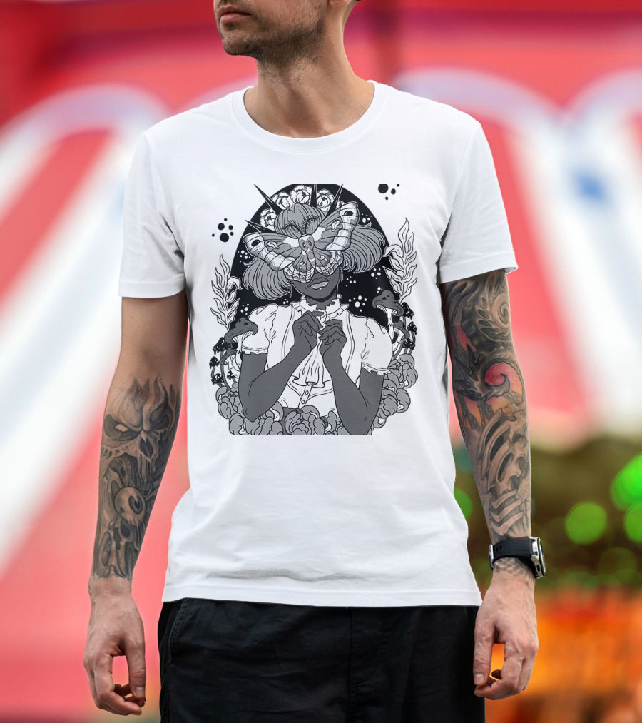 Moth The Seer Mystical Vision with Mushrooms and Floral Elements T-Shirt