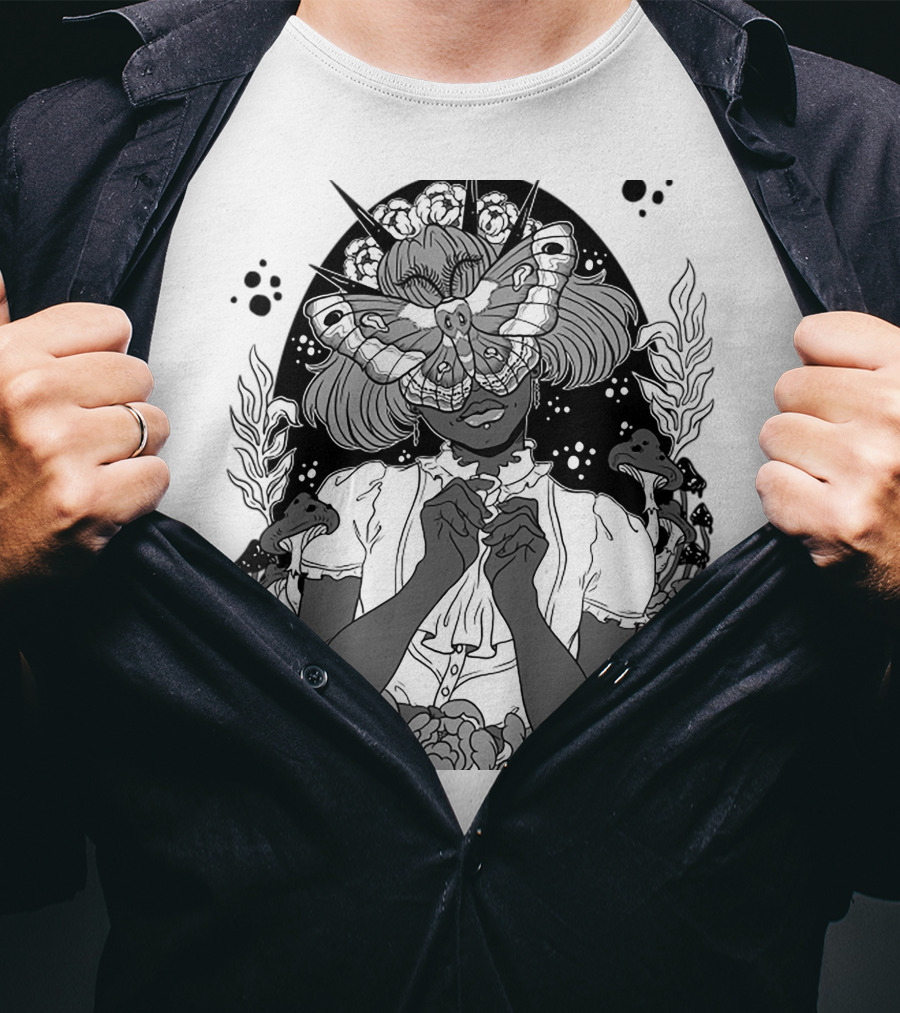 Moth The Seer Mystical Vision With Mushrooms And Floral Elements T-Shirt