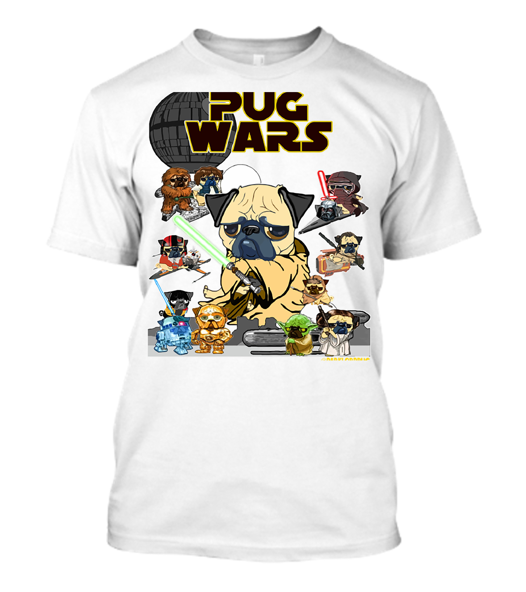 Pug Wars Star Parody With Iconic Characters And Spaceships T-Shirt