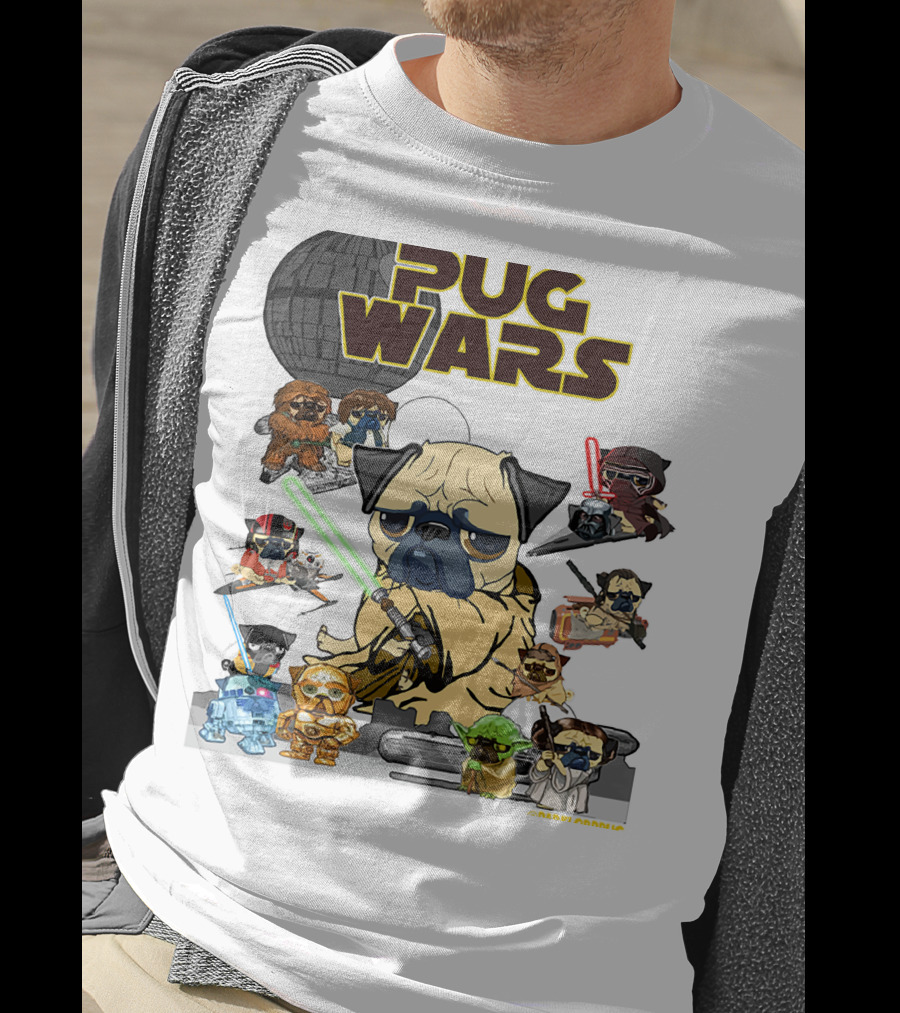 Pug Wars Star Parody With Iconic Characters And Spaceships T-Shirt