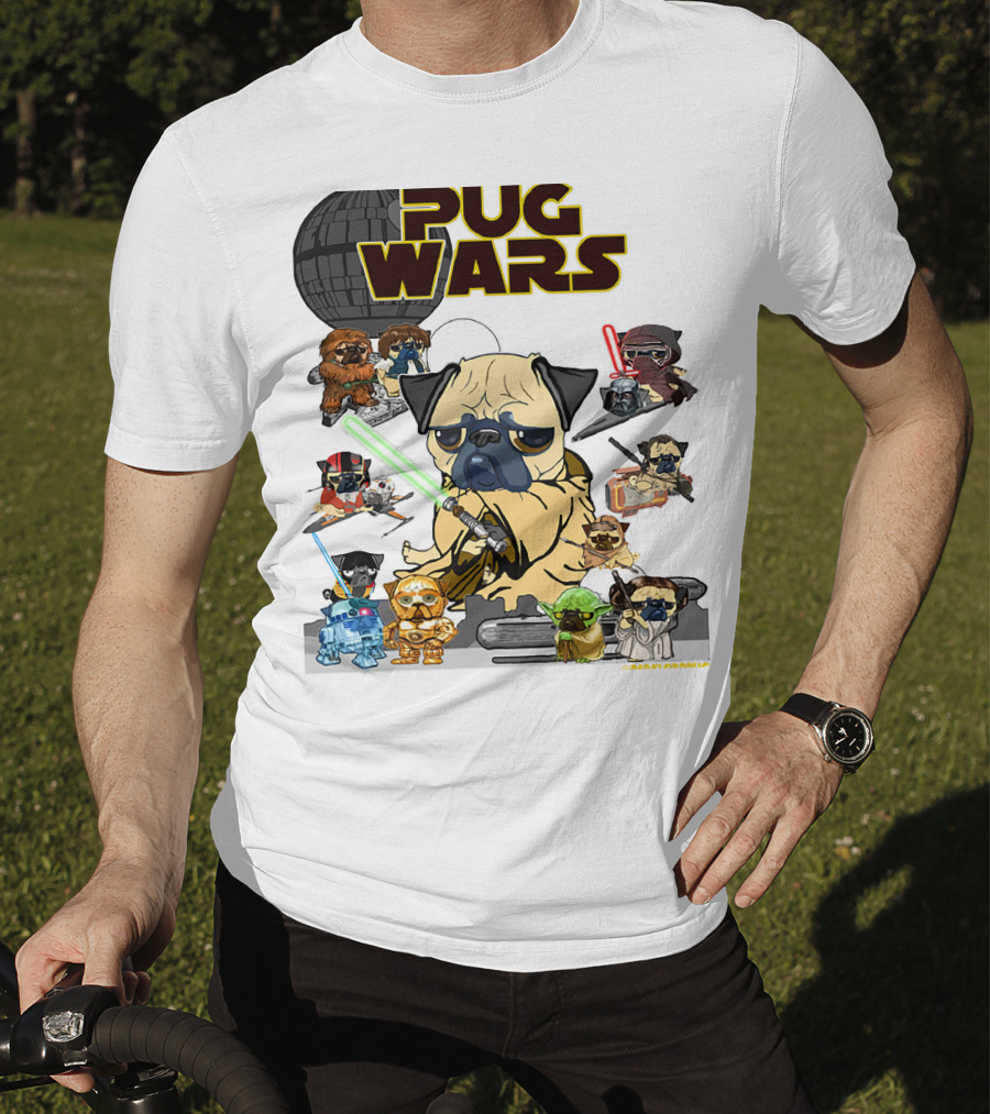 Pug Wars Star Parody With Iconic Characters And Spaceships T-Shirt