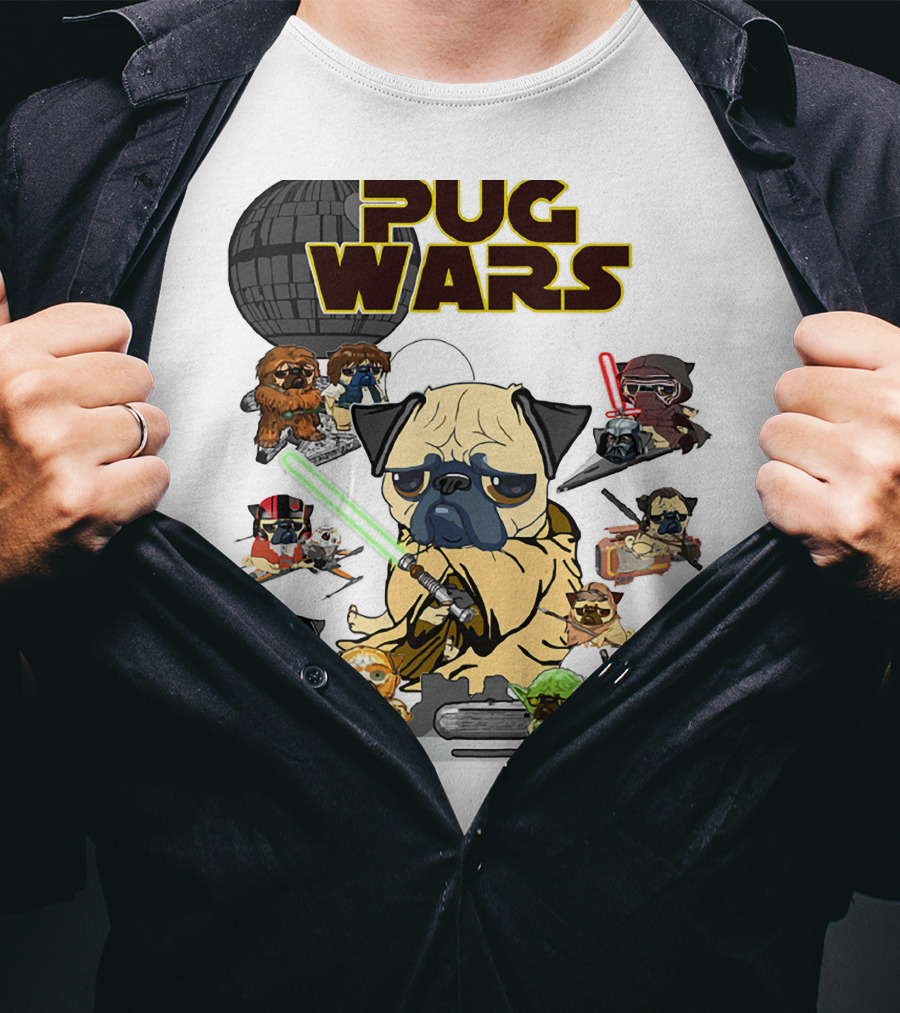 Pug Wars Star Parody With Iconic Characters And Spaceships T-Shirt