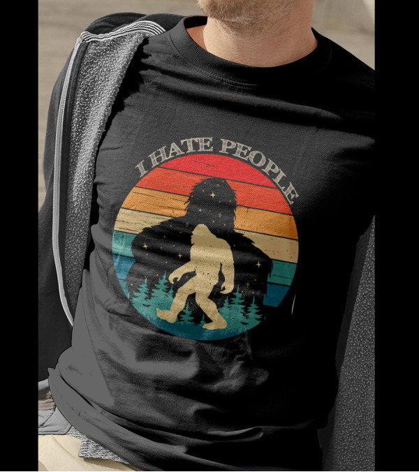 I Hate People Bigfoot Retro Sunset Forest Scene T-Shirt