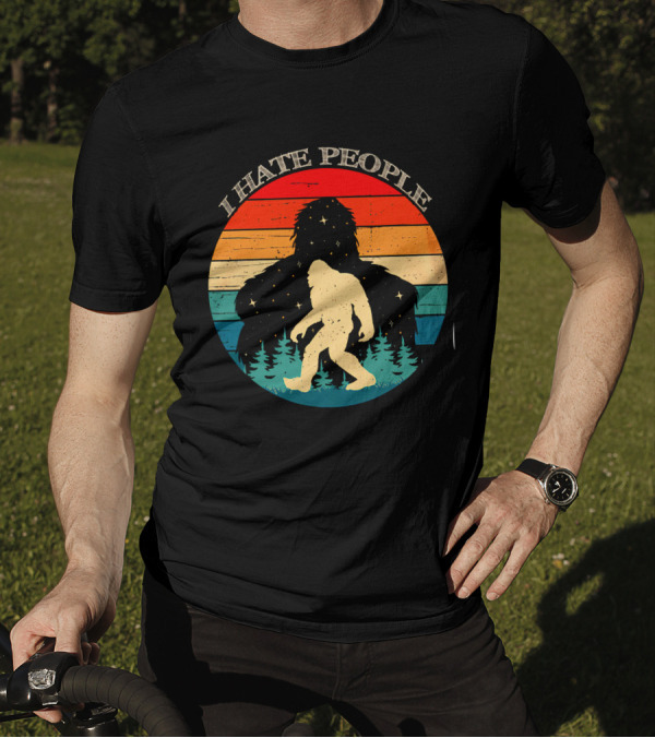 I Hate People Bigfoot Retro Sunset Forest Scene T-Shirt