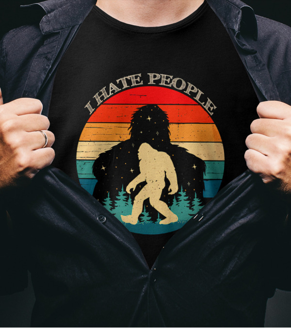 I Hate People Bigfoot Retro Sunset Forest Scene T-Shirt