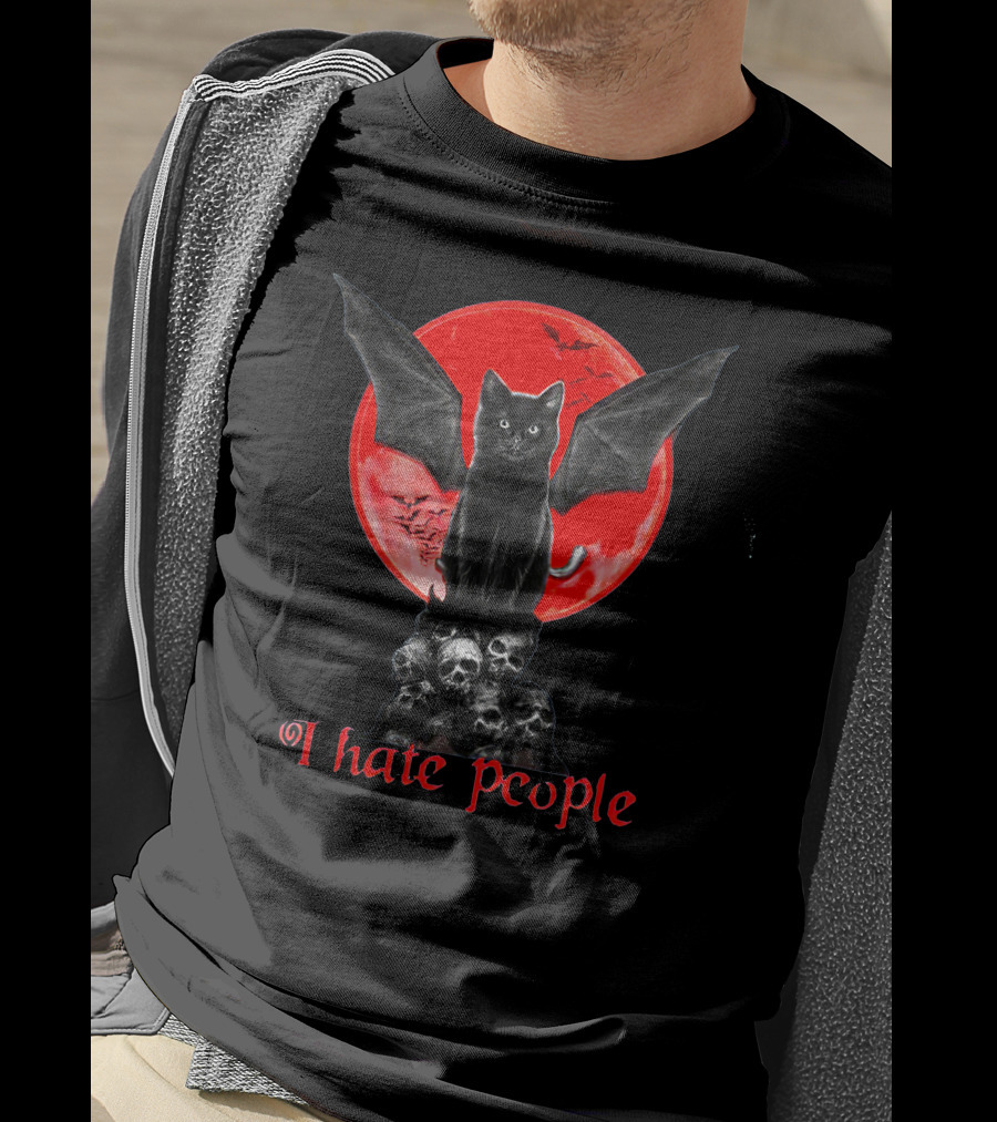 I Hate People Black Cat Bat Wings Skulls Red Moon T-Shirt