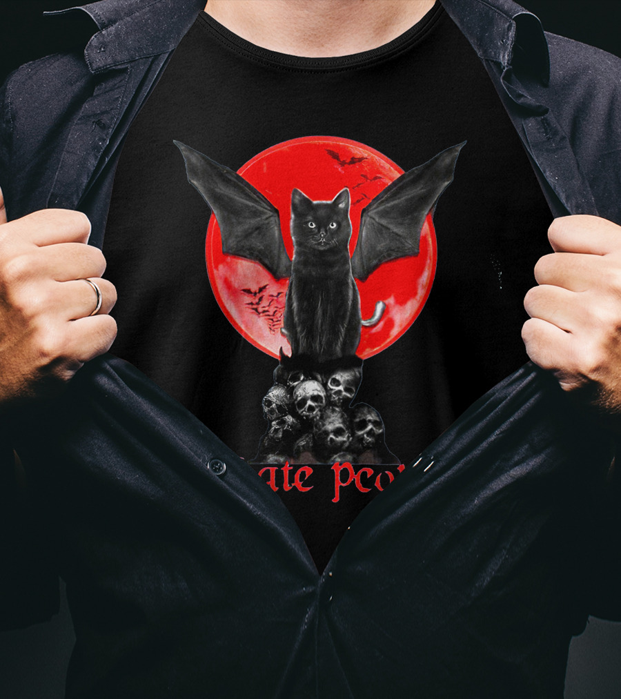 I Hate People Black Cat Bat Wings Skulls Red Moon T-Shirt