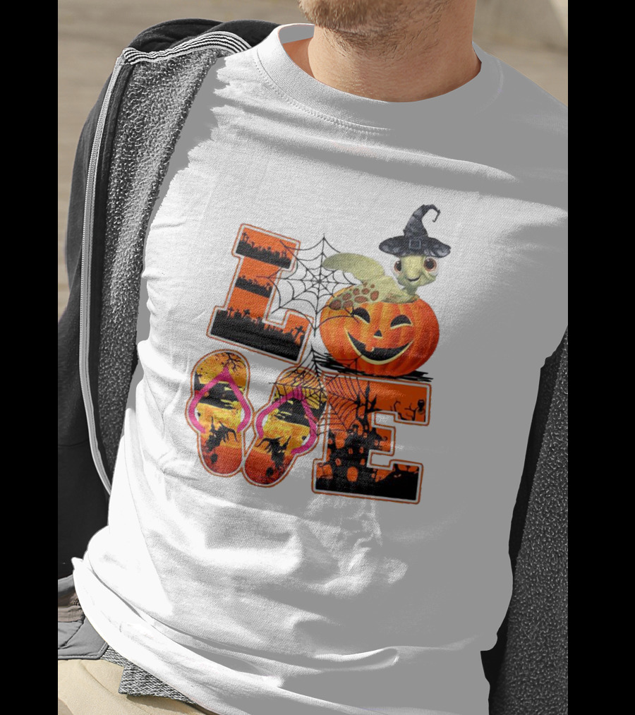 Halloween Love Turtle Pumpkin Spider Web Flip Flops T-Shirt