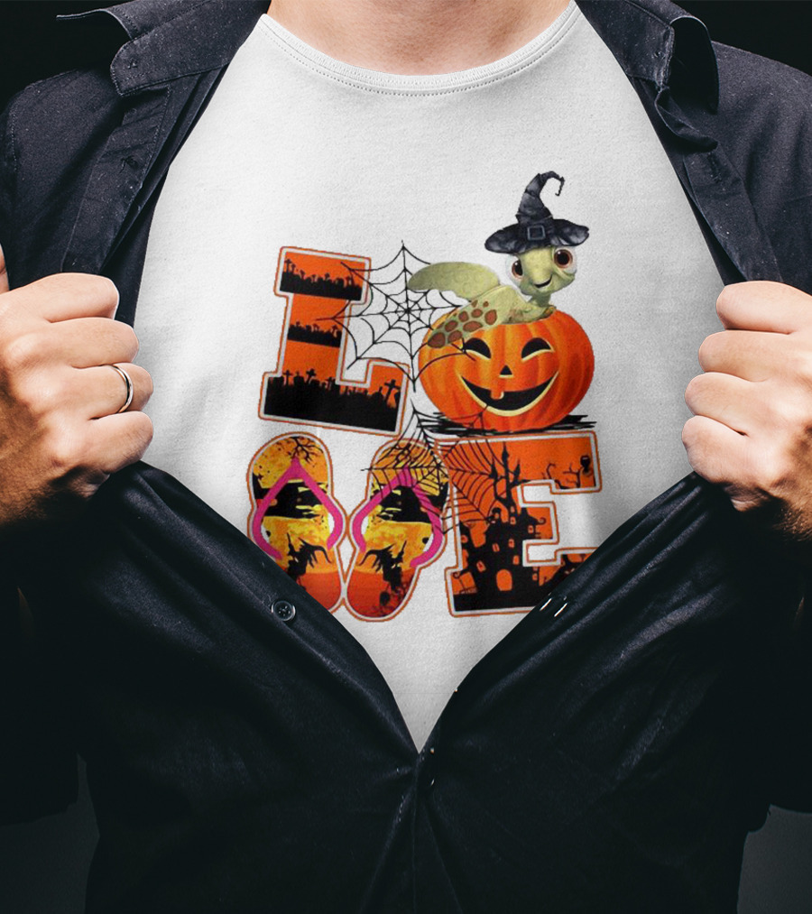 Halloween Love Turtle Pumpkin Spider Web Flip Flops T-Shirt