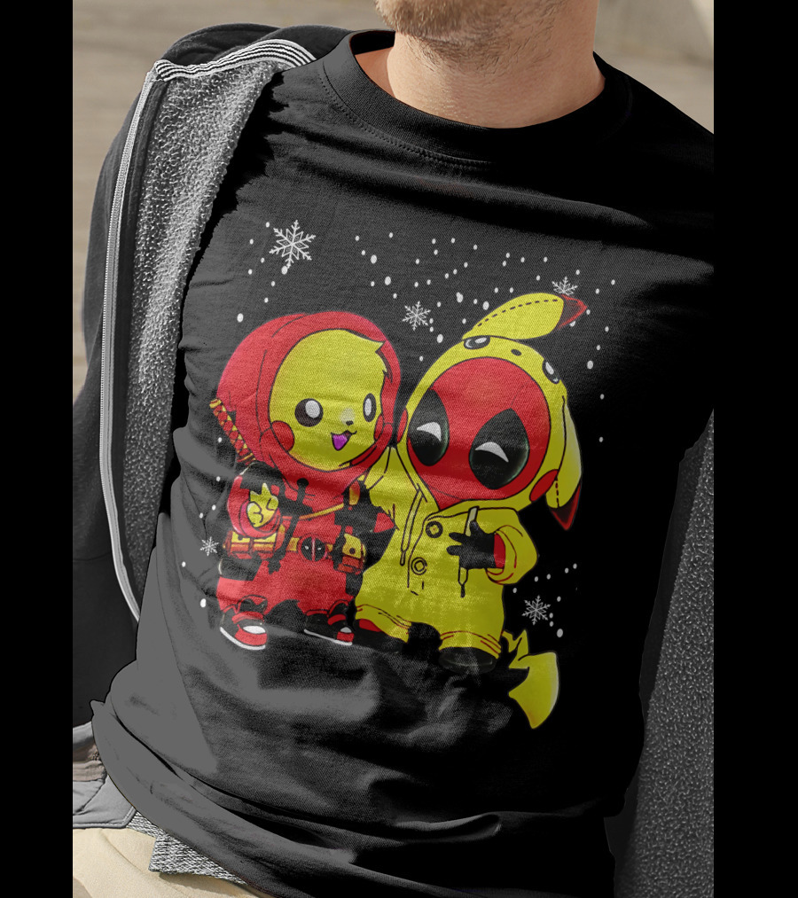 Pikachu Deadpool Crossover With Snowflakes And Kawaii Style Elements T-Shirt