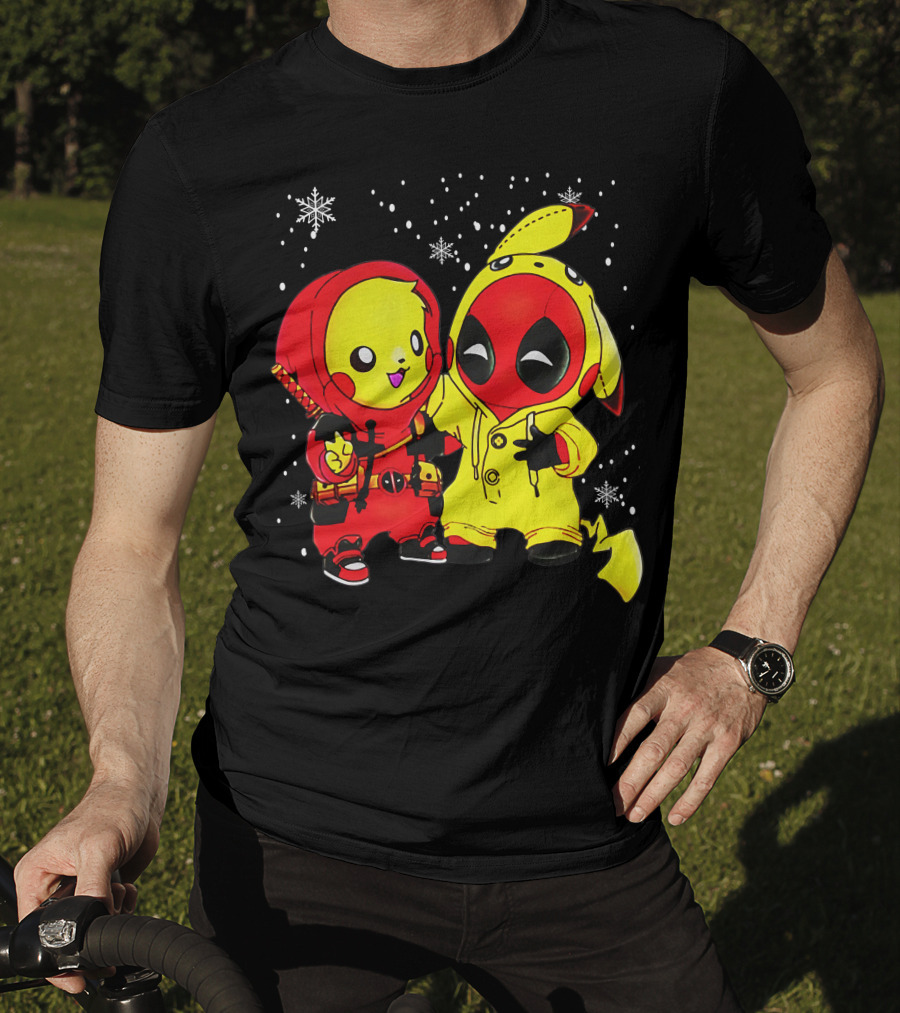 Pikachu Deadpool Crossover With Snowflakes And Kawaii Style Elements T-Shirt