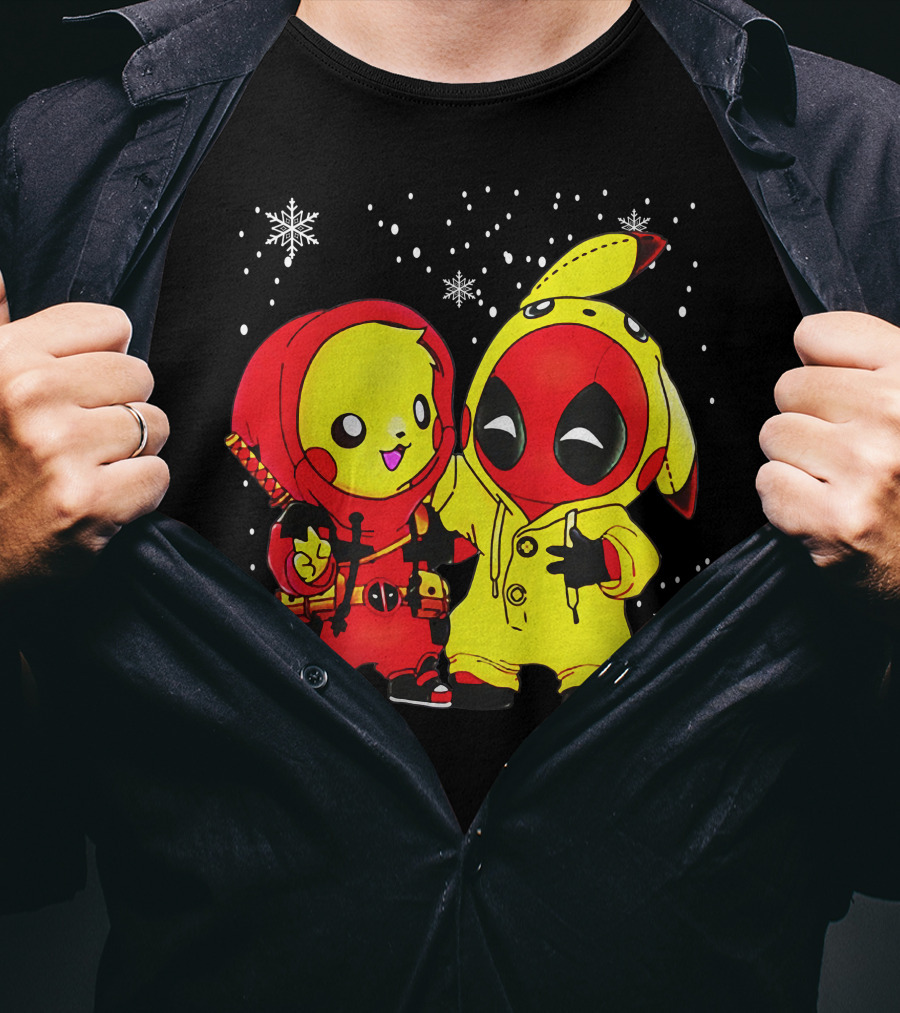 Pikachu Deadpool Crossover With Snowflakes And Kawaii Style Elements T-Shirt