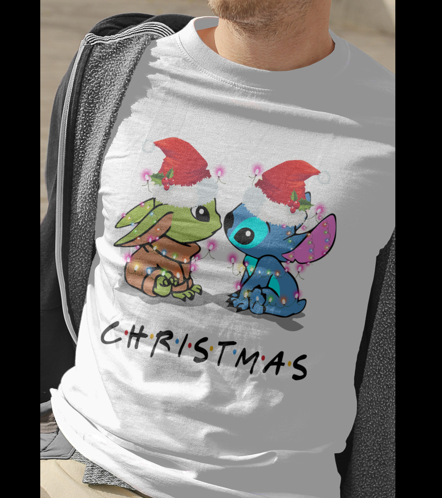 Yoda And Stitch Christmas Santa Hats Holiday Lights T-Shirt