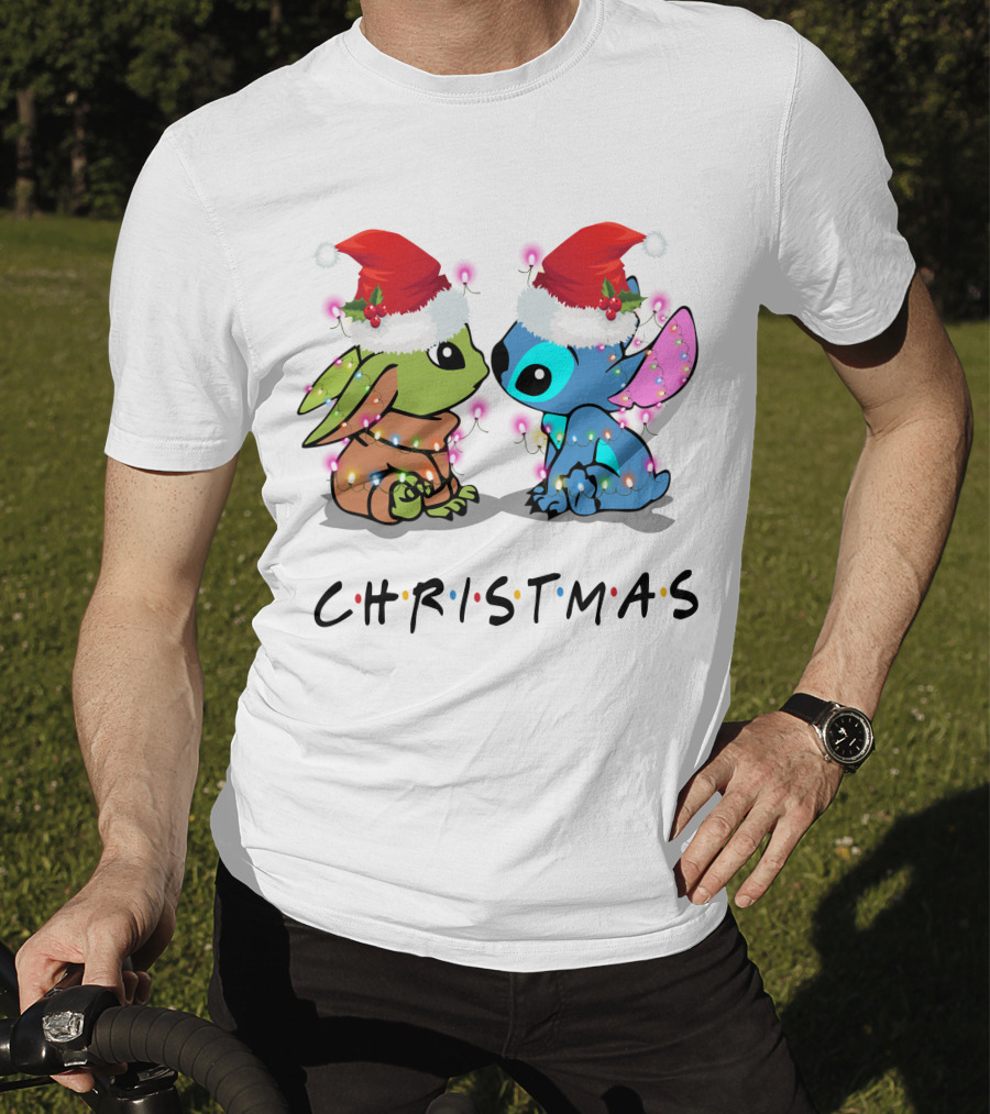 Yoda And Stitch Christmas Santa Hats Holiday Lights T-Shirt