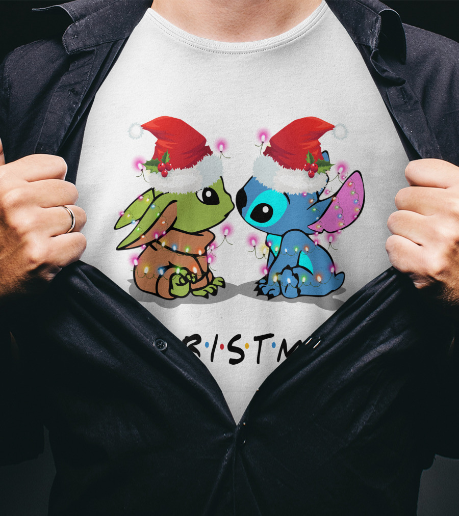Yoda And Stitch Christmas Santa Hats Holiday Lights T-Shirt