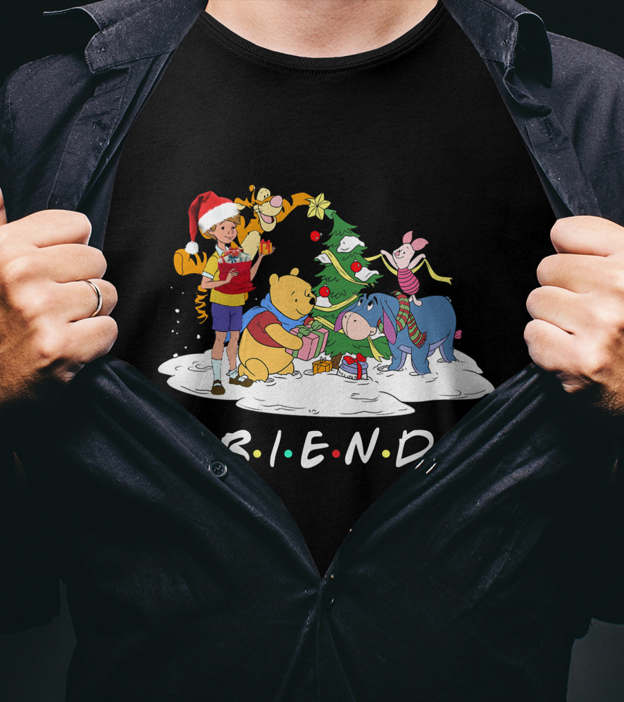 FRIENDS Pooh Tigger Eeyore Piglet Christmas Tree Santa Hat T-Shirt