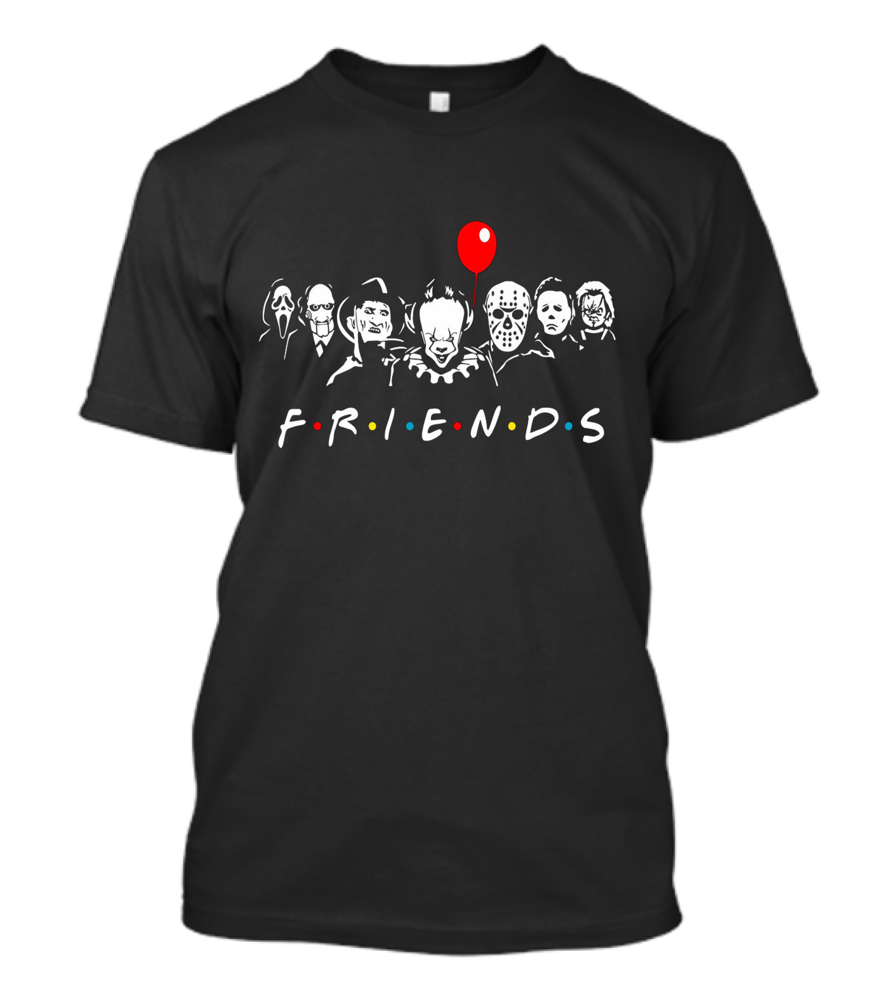 Horror Movie Friends Parody With Iconic Characters And Balloon T-Shirt