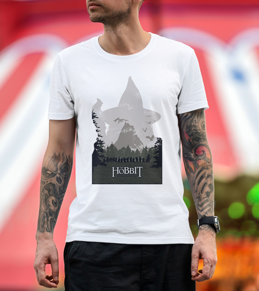 The Hobbit An Unexpected Journey Silhouette Scene with Gandalf Hat and Forest Background T-Shirt