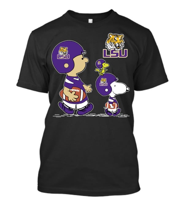 Peanuts Characters In LSU Tigers Football Gear With Helmet And Football T-Shirt