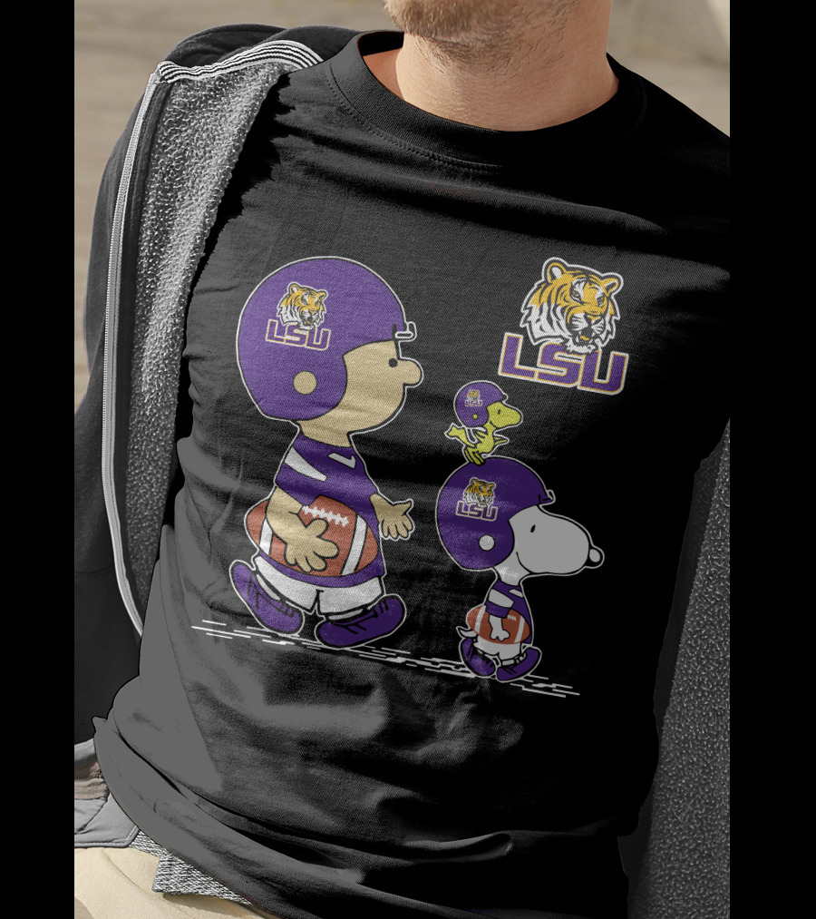 Peanuts Characters In LSU Tigers Football Gear With Helmet And Football T-Shirt