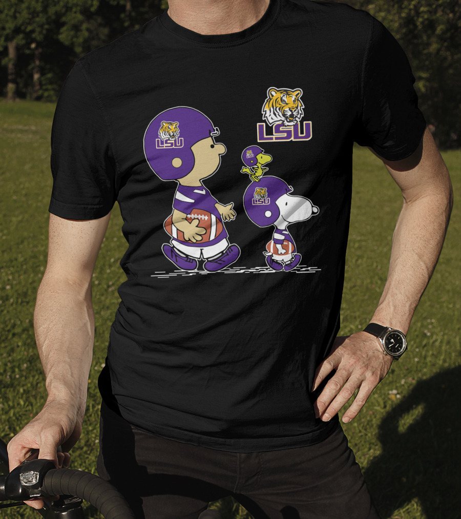 Peanuts Characters In LSU Tigers Football Gear With Helmet And Football T-Shirt
