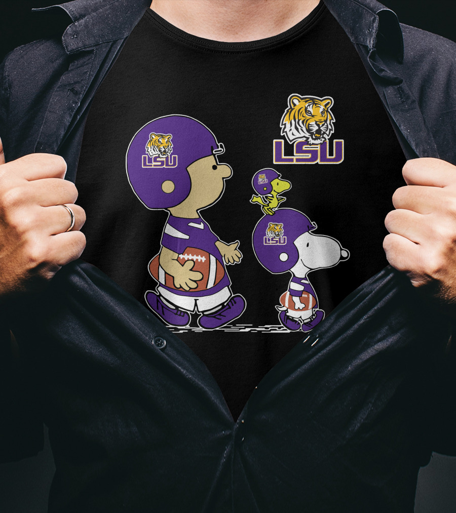 Peanuts Characters In LSU Tigers Football Gear With Helmet And Football T-Shirt
