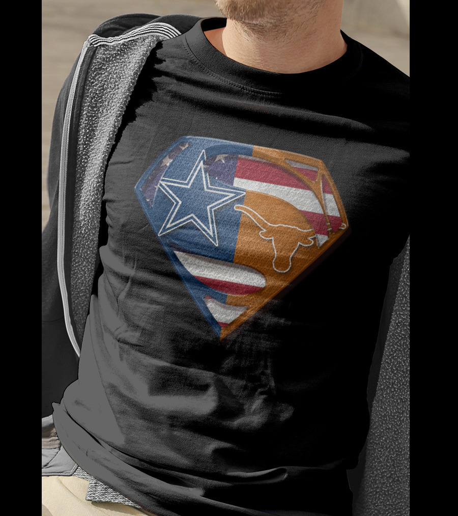 Dallas Cowboys Texas Longhorns Superman Shield American Flag Blend T-Shirt