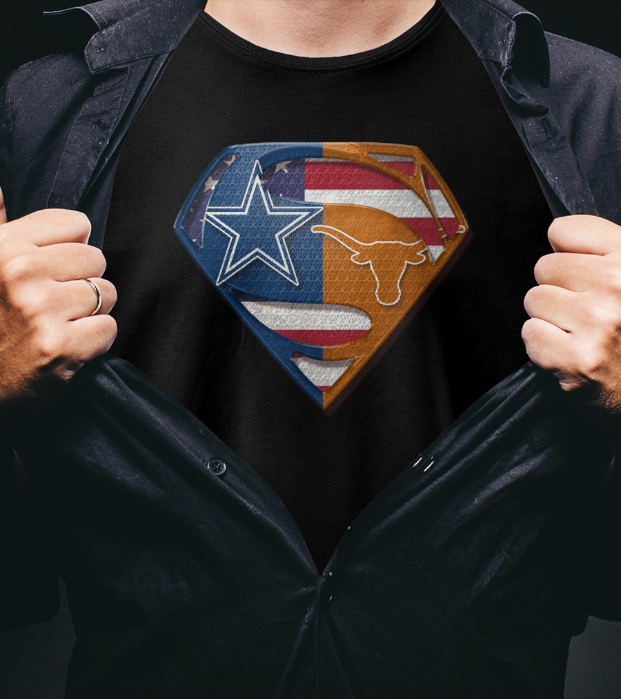 Dallas Cowboys Texas Longhorns Superman Shield American Flag Blend T-Shirt