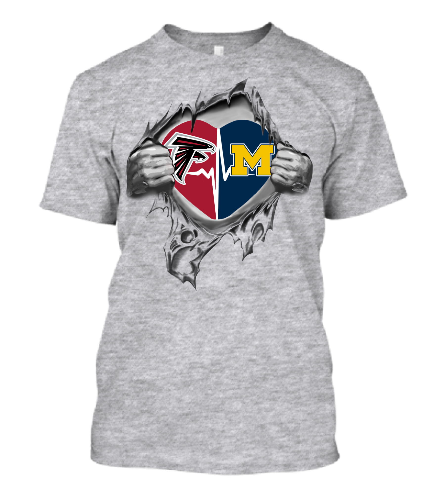 Heart Of Michigan Wolverines And Atlanta Falcons Logos On Torn Fabric T-Shirt
