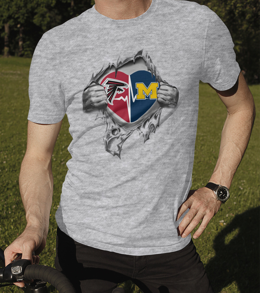 Heart Of Michigan Wolverines And Atlanta Falcons Logos On Torn Fabric T-Shirt